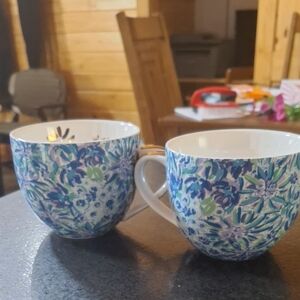 Lilly Pulitzer Blue and Green Floral Ceramic Mugs - Set of 2